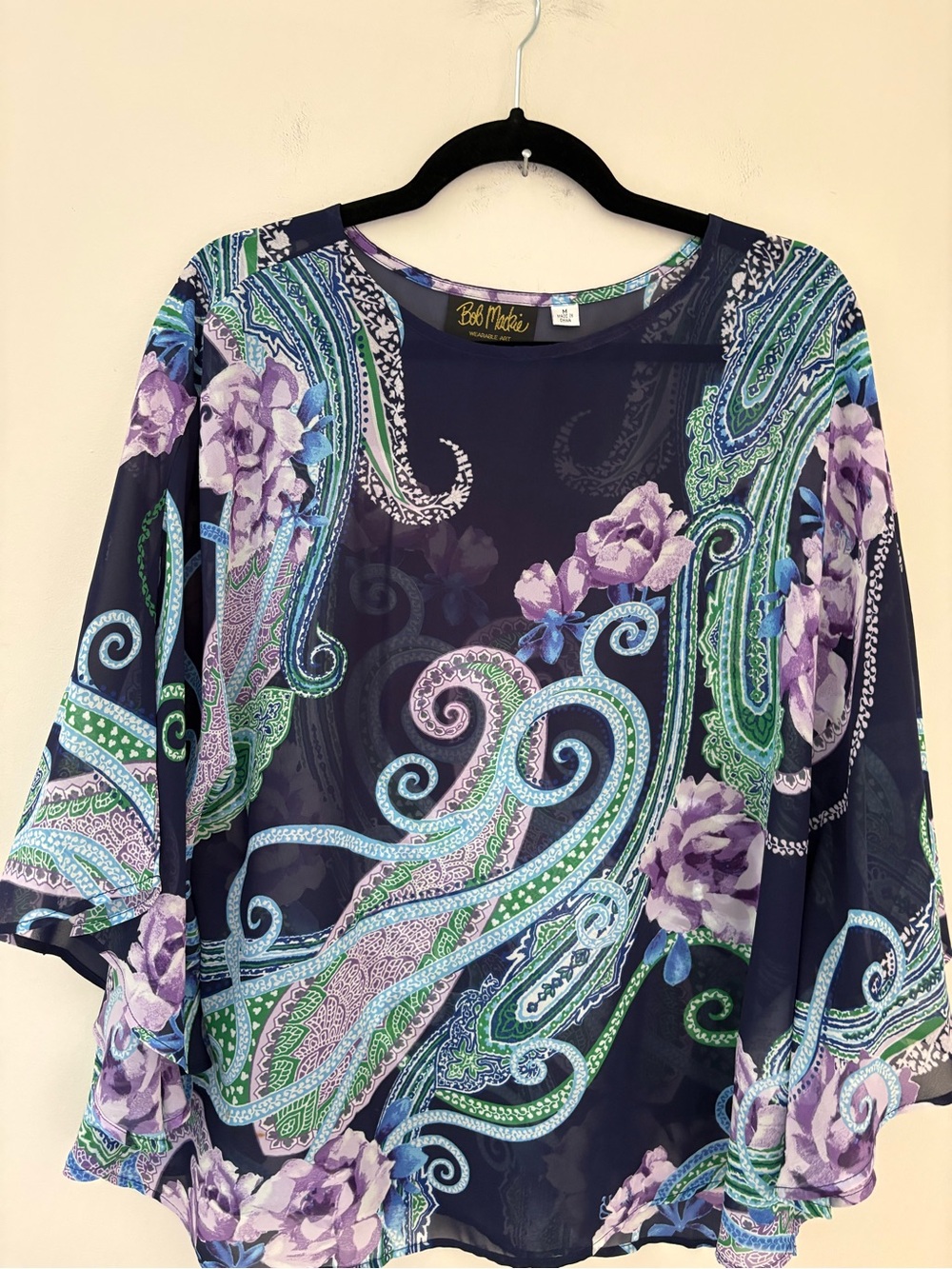 Bob Mackie Wearable Art Womens Paisley Floral Chiffon Over Blouse -Sheer-Sz Med - Picture 2 of 7